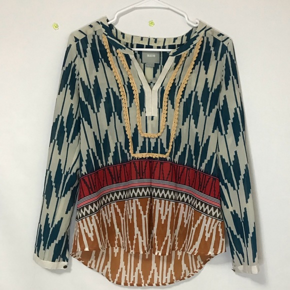 Anthropologie Tops - Maeve Printed Embroidered Sheer Silk Tunic Blouse